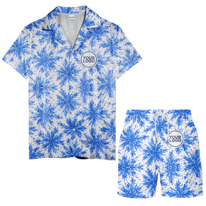 watercolor cannabis leaf repeat navy blue hawaiian shirt for beach days