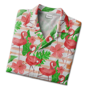 Watercolor Flamingo and Hibiscus Hawaiian Shirt Pink Stripes