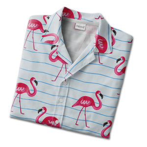 Watercolor Flamingo Hawaiian Shirt on Pale Blue Chevron Stripes