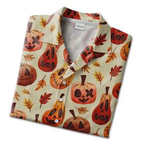 Watercolor Halloween Pumpkin Hawaiian Shirt with Maple Leaves