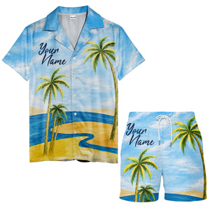 watercolor palm trees sandy beach ocean waves hawaiian shirt