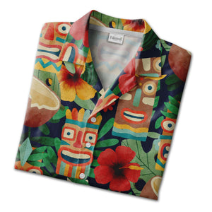 Watercolor Tiki Mask Hawaiian Shirt with Coconuts on Navy Blue
