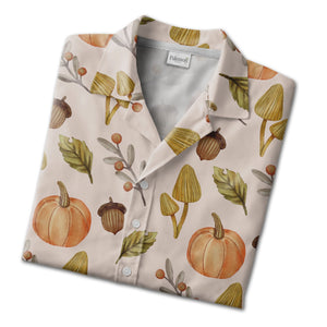 Whimsical Autumn Mushroom and Pumpkin Hawaiian Shirt Watercolor