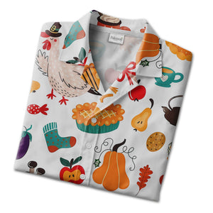 Whimsical Thanksgiving Hawaiian Shirt with Pilgrim Turkeys and Pumpkin Pies