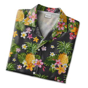 White Brushstroke Pineapple Hawaiian Shirt with Hummingbird on Navy