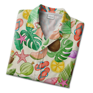 White Retro Doodle Palm Tree Hawaiian Shirt with Pineapple Geometric Pattern