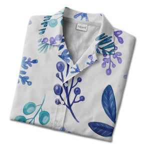 White Watercolor Branch Hawaiian Shirt with Blue Gradient Snowflakes