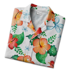White Watercolor Hibiscus Hawaiian Shirt with Blue Plumeria and Tropical Leaves