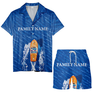 wooden speedboat racing navy blue ocean waves hawaiian shirt