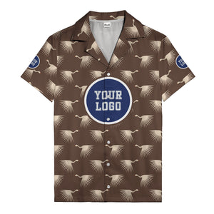art deco crane silhouette logo beige navy hawaiian shirt