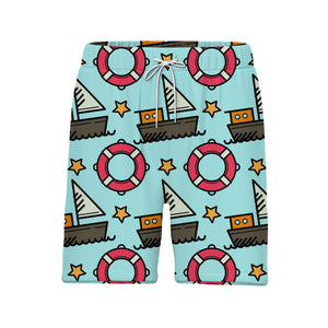 Cartoon Sailboat & Lifebuoy Hawaiian Shirt – Nautical Ocean Wave Pattern