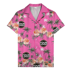 coral pink hibiscus & palm trees on black hawaiian shirt for men