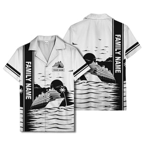 cruise ship silhouette sunset palm trees hawaiian shirt