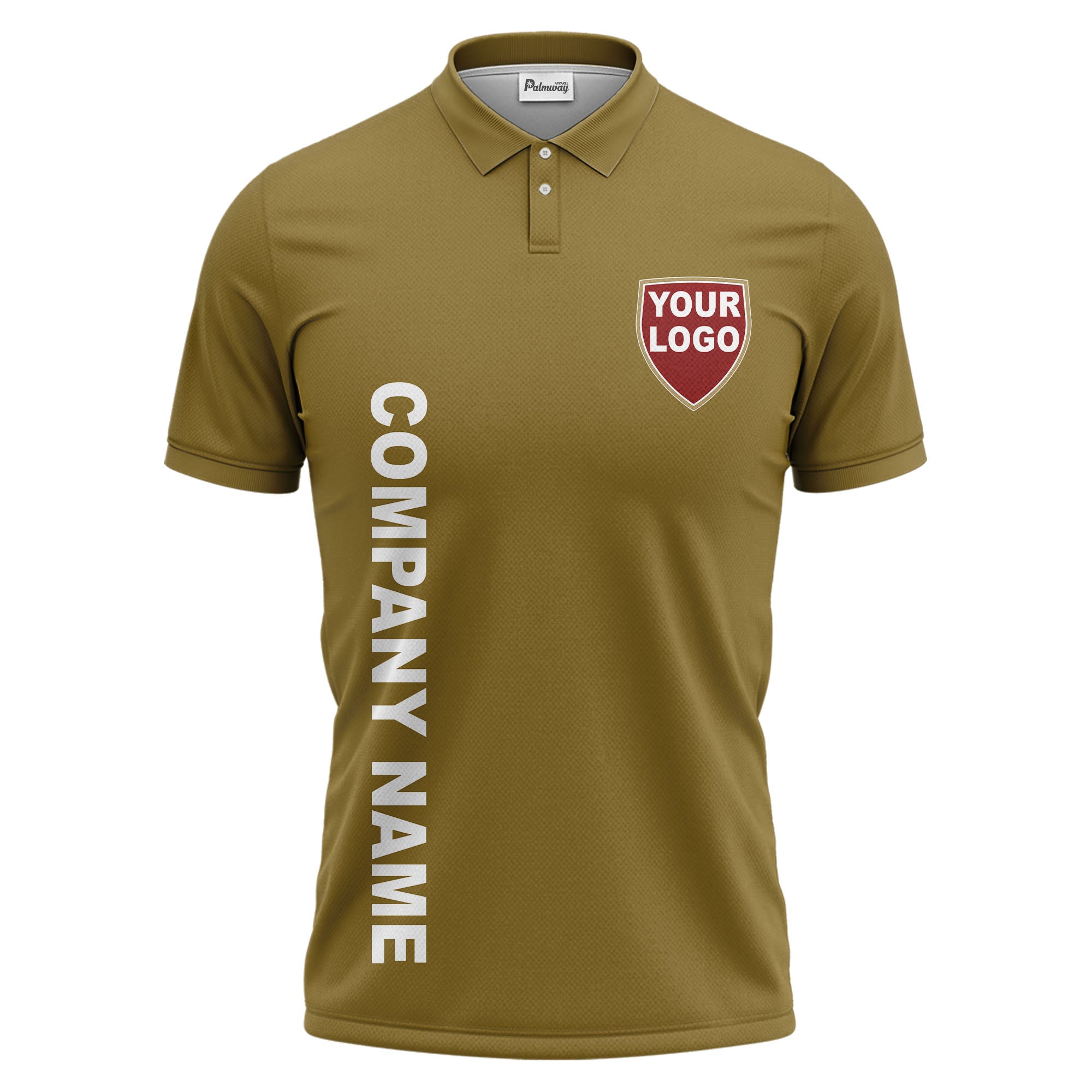 custom shield logo vertical text corporate branded polo shirt