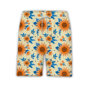 Decorative Orange Sunflower Hawaiian Shirt with Blue Leaves on Yellow