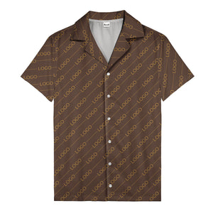 gold diagonal logo repeat pattern on black hawaiian shirt for men