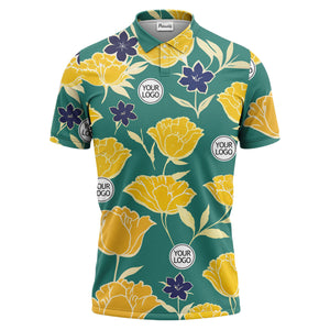 illustrated tropical floral vacation polo shirt splashed with hibiscus leaves