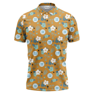 Illustrated Tropical Palm & Hib Floral Polo Shirt For Summer Vacations