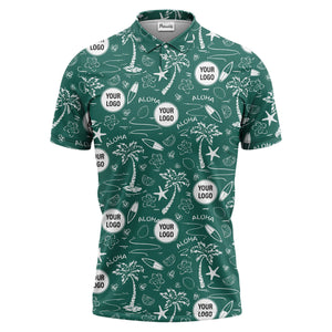 illustrated tropical palm surfboard aloha polo shirt for summer beach vacations