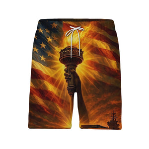 Military Sunset Hawaiian Shirt - Aircraft Carrier Statue of Liberty & Ocean Wave Print