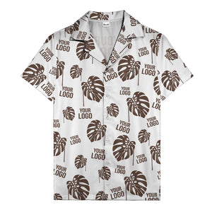 monstera leaves & custom logo repeat black white hawaiian shirt