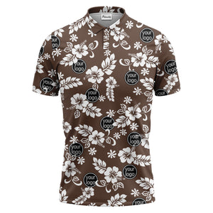 navy blue watercolor hibiscus & custom logo repeat pattern polo shirt