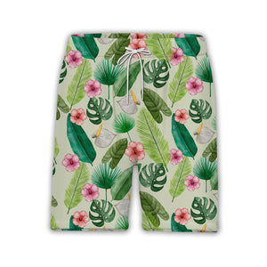 Pale Sage Green Watercolor Monstera Hawaiian Shirt with Anthurium Hibiscus