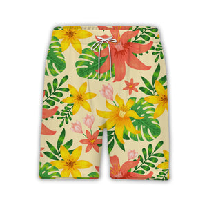 Pale Yellow Pink Hibiscus Hawaiian Shirt with Plumeria and Banana Leaves