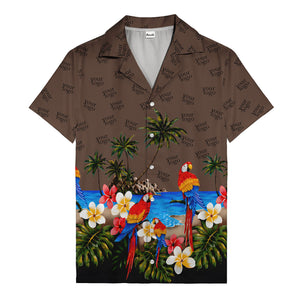 parrot paradise palm trees plumeria beach scene hawaiian shirt