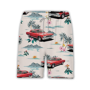 Retro Classic Car Hawaiian Shirt with Mountain Sunset Scene
