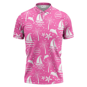 sailboats dolphins palm trees starfish repeat pattern black white polo shirt