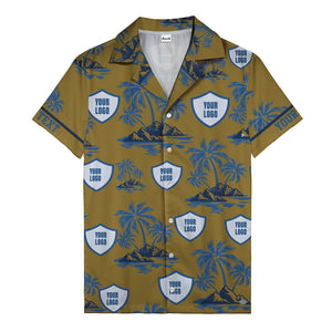 shield logo palm tree island scene navy blue hawaiian shirt for men
