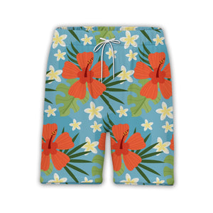 Sky Blue Coral Orange Hibiscus Hawaiian Shirt with Plumeria and Monstera