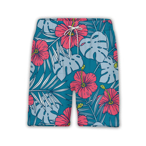 Teal Blue Playful Hibiscus Hawaiian Shirt with Coral Pink and Yellow Blooms