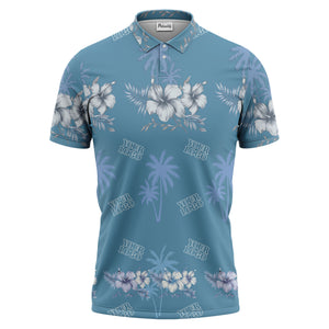 tropical hibiscus palm frond custom multi color illustrated vacation golf polo shirt for men