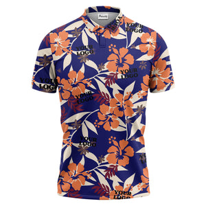 tropical illustrated floral paradise polo shirt bursting with hibiscus and palm leaves