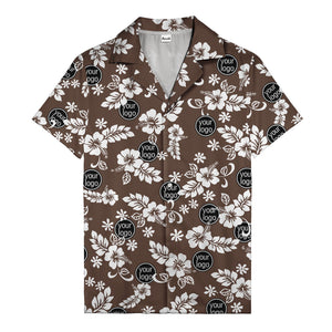 watercolor hibiscus blooms & custom logo navy blue hawaiian shirt