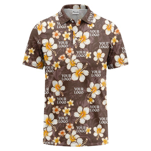 watercolor hibiscus & plumeria black aloha polo shirt for men
