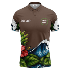 watercolor ocean wave palm leaf hibiscus floral navy blue polo shirt for men