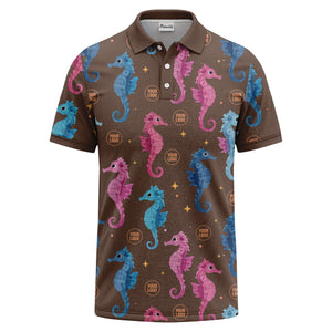 watercolor seahorse repeat marine life polo shirt in pink blue