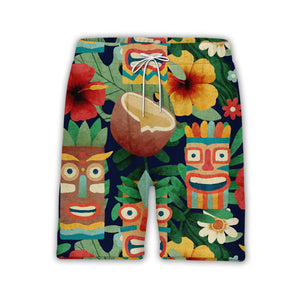 Watercolor Tiki Mask Hawaiian Shirt with Coconuts on Navy Blue