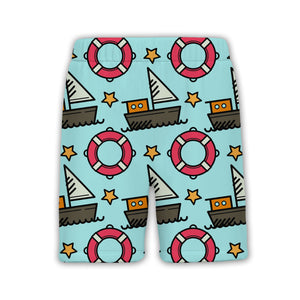 Cartoon Sailboat & Lifebuoy Hawaiian Shirt – Nautical Ocean Wave Pattern