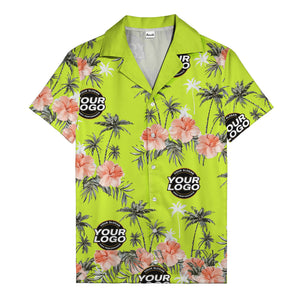 coral pink hibiscus & palm trees on black hawaiian shirt for men