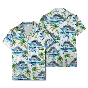 cruise ships dolphins & palm tree watercolor hawaiian shirt