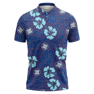 blue tropical floral polo hawaiian shirt