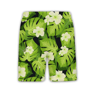 Dark Charcoal Grey Monstera Hawaiian Shirt with White Flowers and Lime Green