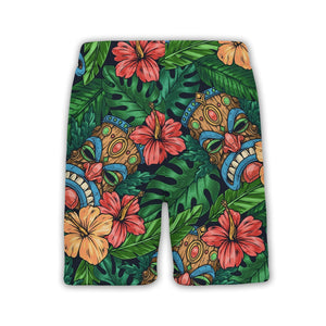 Festive Tiki Mask Hawaiian Shirt with Monstera on Navy Blue