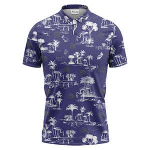 flamingo oasis palm trees sketch pattern black white polo shirt for men