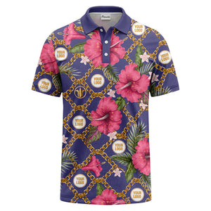 gold chain & pink hibiscus luxury illustrated polo shirt for men