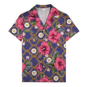 gold chain & pink hibiscus watercolor hawaiian shirt for men